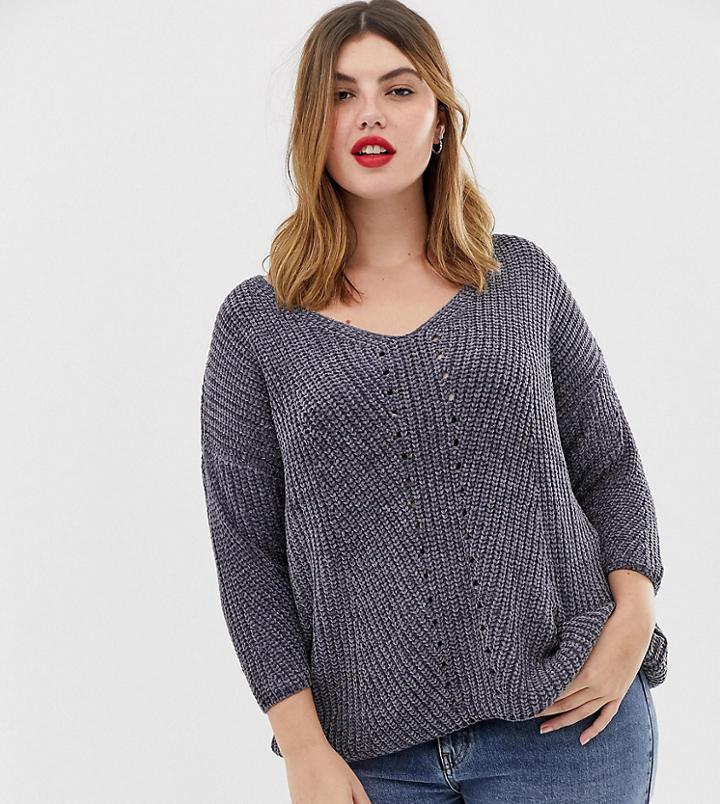 Brave Soul Plus Sahara V Neck Sweater In Chenille - Gray
