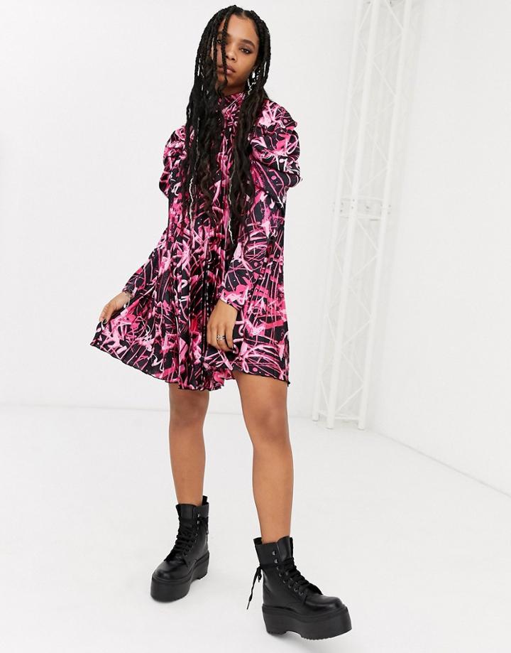 Asos Design Pleated Mini Dress In Graffiti Print-multi