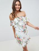 Parisian Off Shoulder Tiered Dress In Floral Print - White