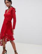 Asos Design Wrap Lace Dress With Asymmetric Hem-red