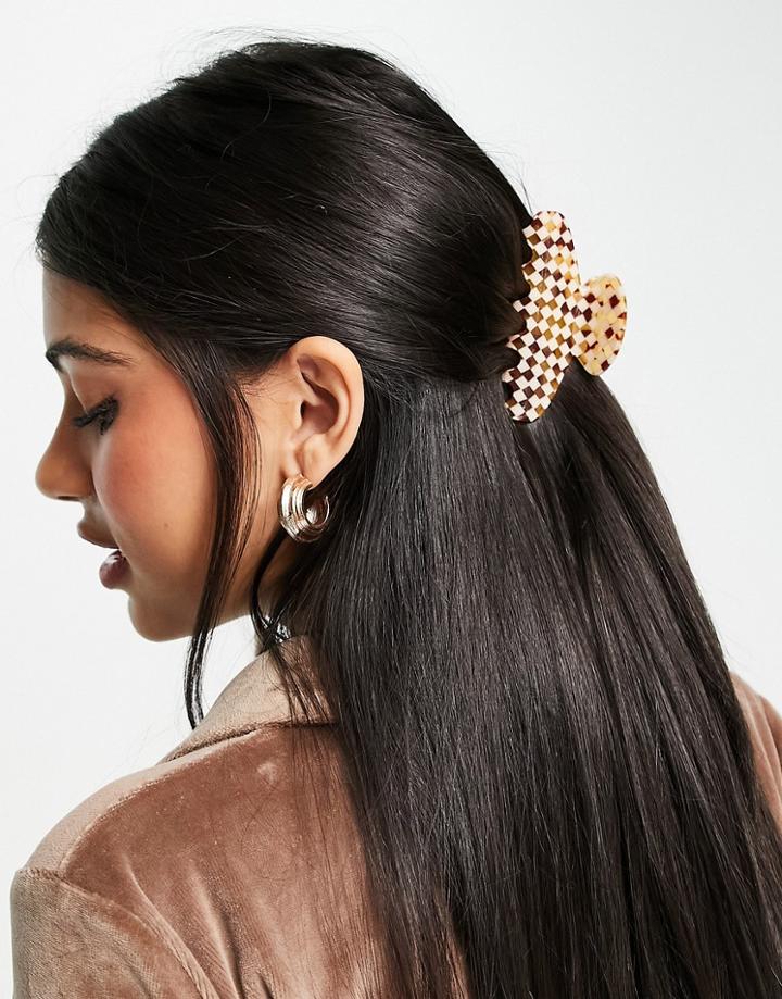 Monki Checkerboard Hair Claw In Brown