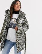 Asos Design Animal Puffer Jacket With Tie Waist-multi