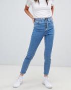 Asos Design Farleigh High Waisted Slim Mom Jeans In Aged Light Stonewash Blue With Exposed Fly Detail