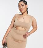 Public Desire Curve Double Layered Slinky Cut Out Mini Dress In Chestnut-brown