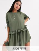 Asos Design Petite Mini Smock Dress With Frill Waist And Tie Sleeve
