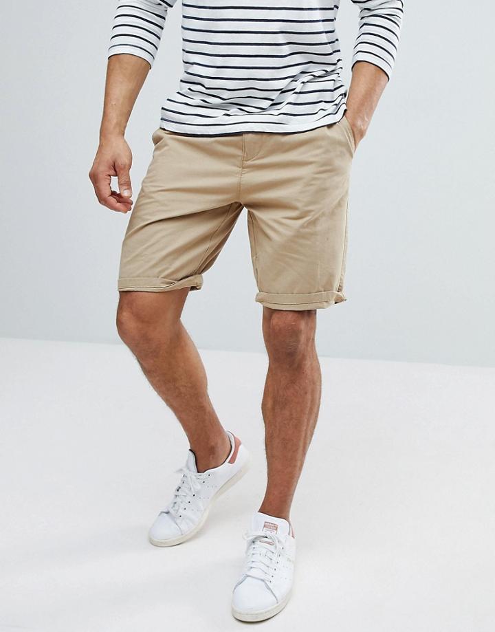 Bershka Belted Chino Shorts In Tan - Tan