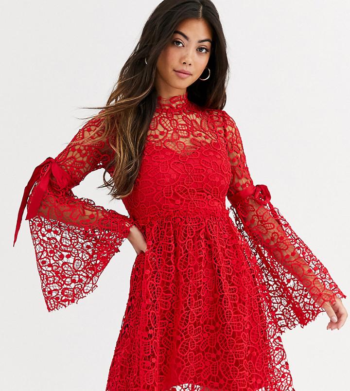 Sisters Of The Tribe High Neck Dress In Lace With Ribbon Sleeve Ties-red