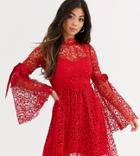 Sisters Of The Tribe High Neck Dress In Lace With Ribbon Sleeve Ties-red