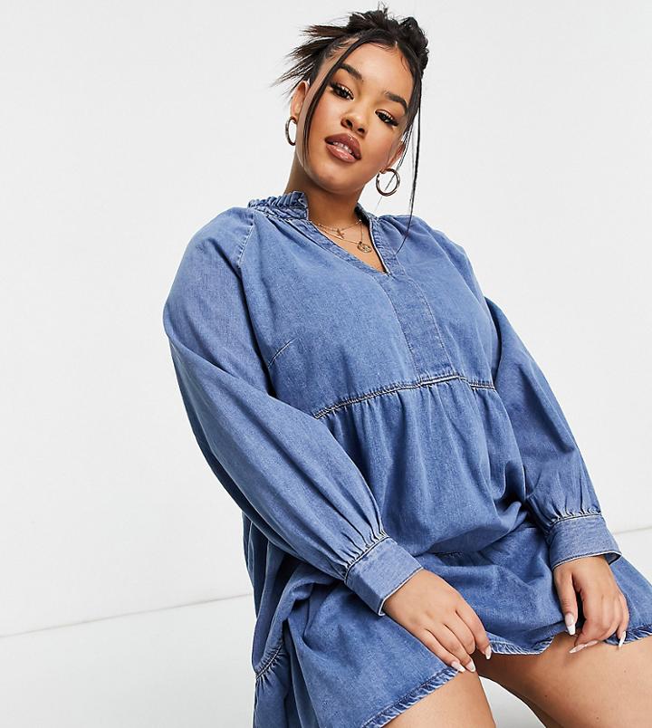 New Look Curve Denim Smock Dress In Blue-blues