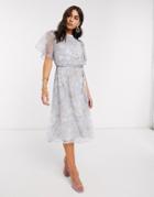 Vila Chiffon Midi Dress With Open Back And Flutter Sleeves In Soft Blue Floral-blues