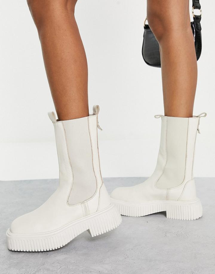 Asra Connie Calf Length Chelsea Boots In Cream Leather-white