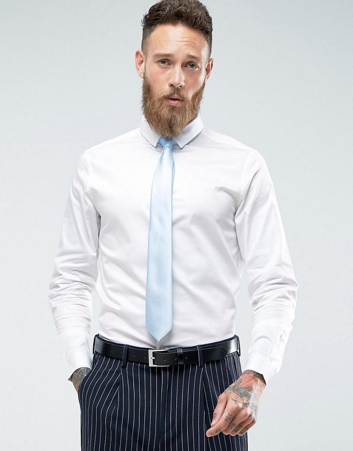 Asos Wedding Slim Sateen Shirt In White With Blue Tie Save - White
