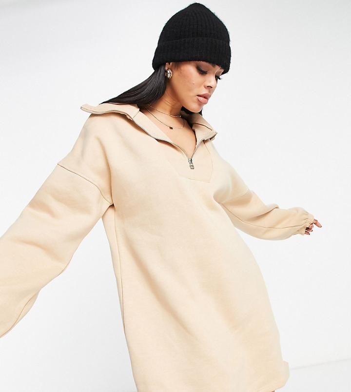 Missguided Sweat Dress With Zip Neck In Sand-black