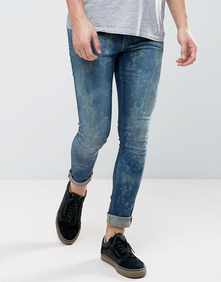 Asos Extreme Super Skinny Jeans In Mid Wash Random Bleach - Blue