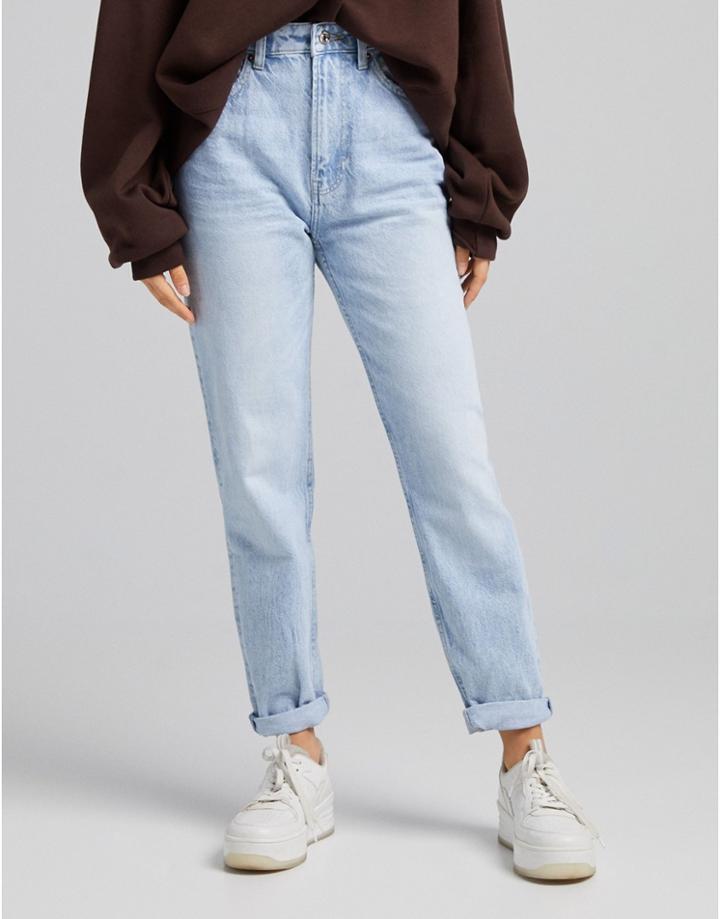 Bershka Mom Jean In Bleached Wash-blues