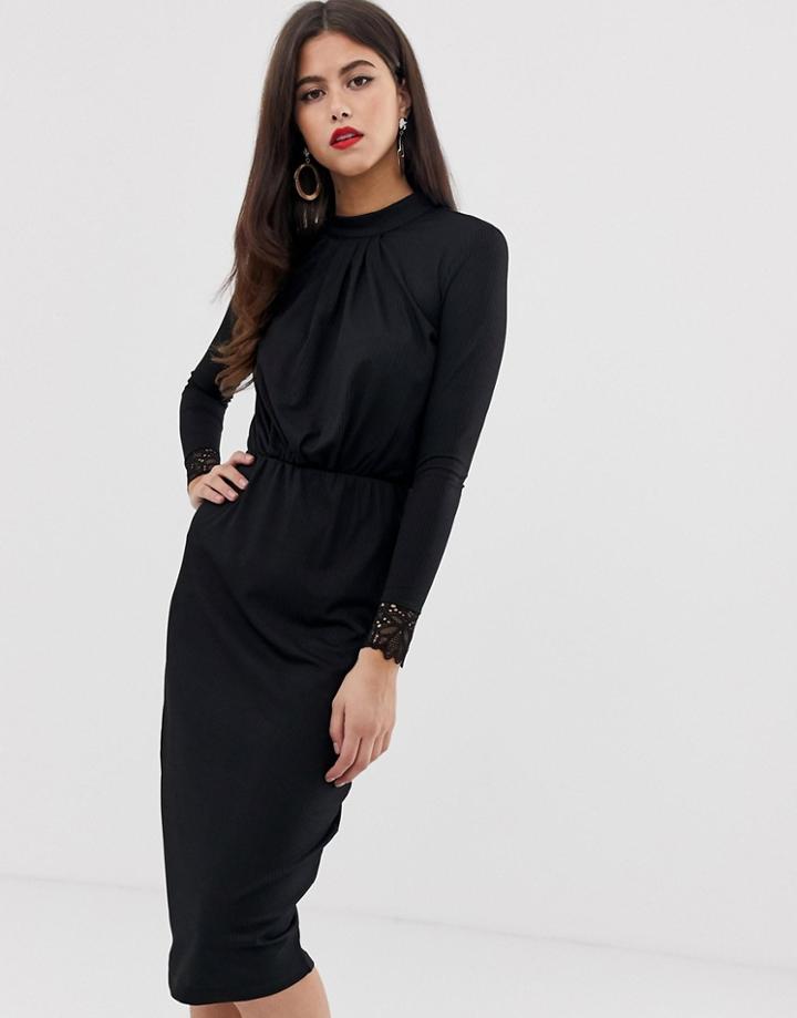 Y.a.s High Neck Plisse Dress With Lace Cuff In Black - Black