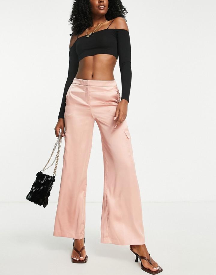 Miss Selfridge Satin Wide Leg Cargo Pants In Light Pink