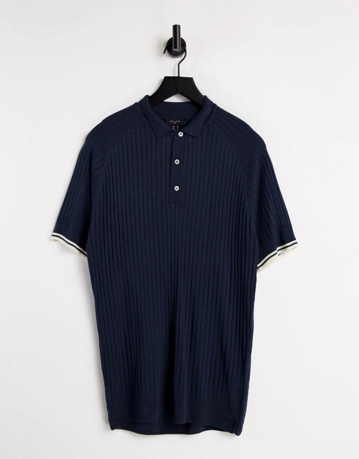 New Look Muscle Fit Knitted Polo In Navy