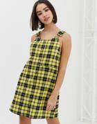 Monki Overall Dress In Yellow Check - Multi
