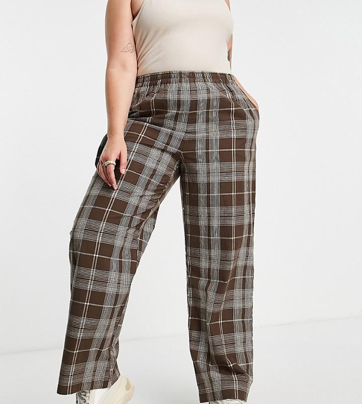 Asos Design Curve Pull On Pant With Hammer Loop In Brown Check