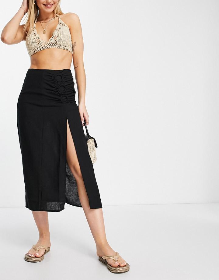 Stradivarius Rustic Midi Skirt With Ring Detail In Black
