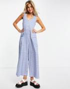 Asos Design Sleeveless Button Front Smock Overalls In Blue Gingham-multi