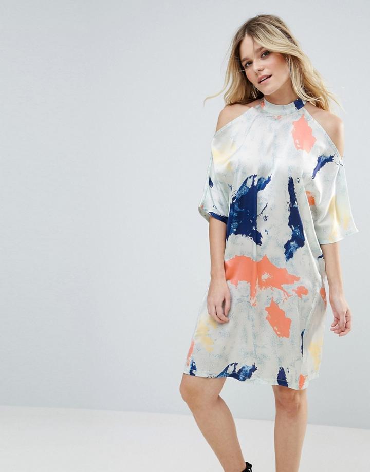 Liquorish Satin Cold Shoulder Print Dress - Cream