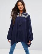 Qed London Tie Detail And Embroidered Top - Navy