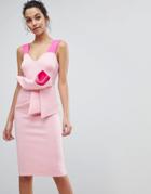 Asos Design Fluro Two Tone Pink Origami Bow Midi Bodycon Dress - Pink