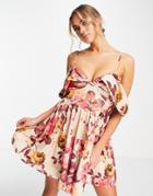 Asos Design A Line Off Shoulder Mini Dress In Rose Print-multi