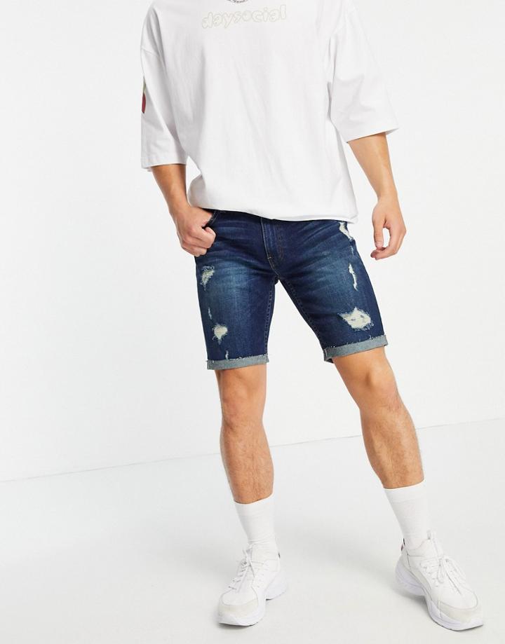 Hollister Distressed Denim Shorts In Dark Wash-blues