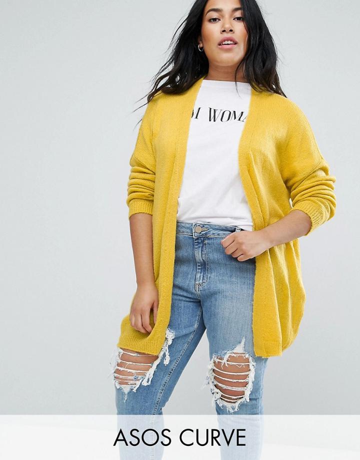 Asos Curve Cardigan In Fine Knit Fluffy Yarn - Yellow