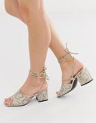 Public Desire Heidi Snake Print Ankle Tie Mid Heeled Sandals-beige