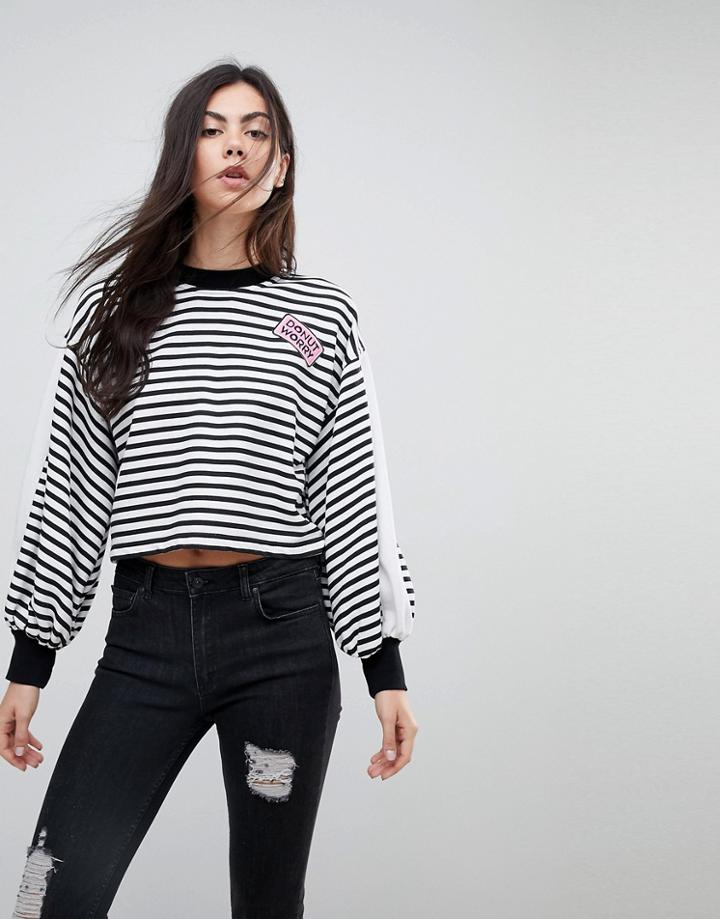 Kubban Balloon Sleeve Striped Cropped Sweat - Black