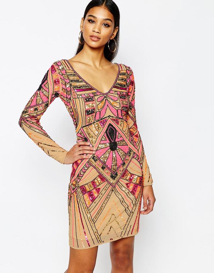 Wow Couture Premium Embellished Midi Dress With Open Back Detail - Multi Embellishment