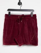 Asos Design Set Oversized Velour Shorts With Numerals Satin Embroidery-red