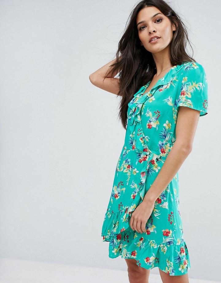 Mango Wrap Front Floral Print Tea Dress - Green
