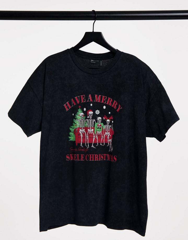 Asos Design Christmas T-shirt With Skeleton Family Christmas Motif In Washed Black-grey
