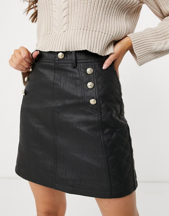 River Island Belted Quilted Faux Leather Mini Skirt In Black