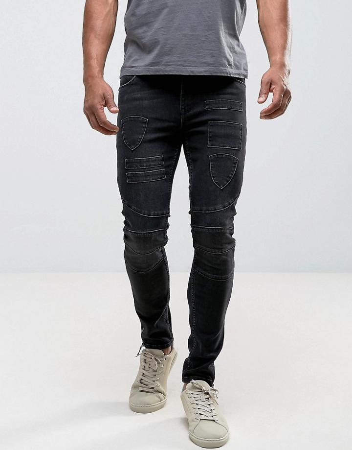 Asos Super Skinny Jeans In Washed Black Biker With Patches And Hem Detail - Black