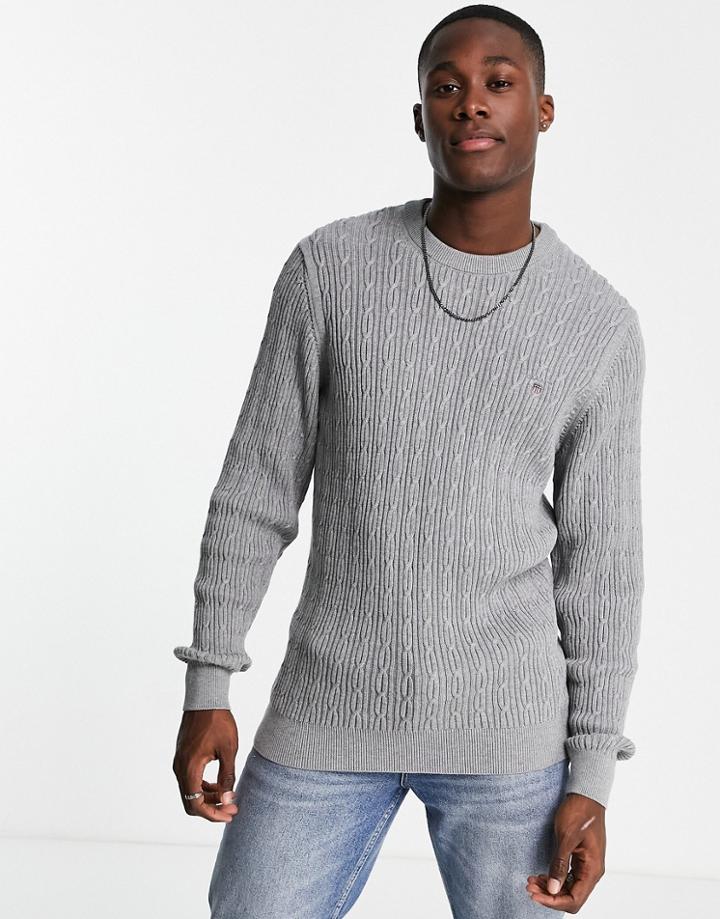 Gant Shield Logo Cotton Cable Knit Sweater In Gray Heather-grey