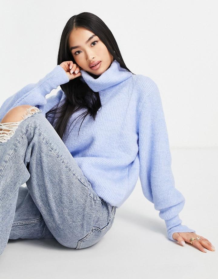 Topshop Knit Ribbed Sweater With Turtle Neck In Denim Blue