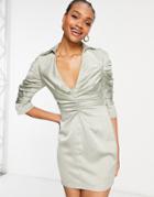 Asos Design Satin Mini Shirt Dress With Ruched Detail In Olive-green