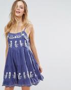 Qed London Embroidered Skater Dress - Blue