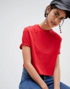Stradivarius Crop Jersey Roll Sleeve Tee Plain - Red