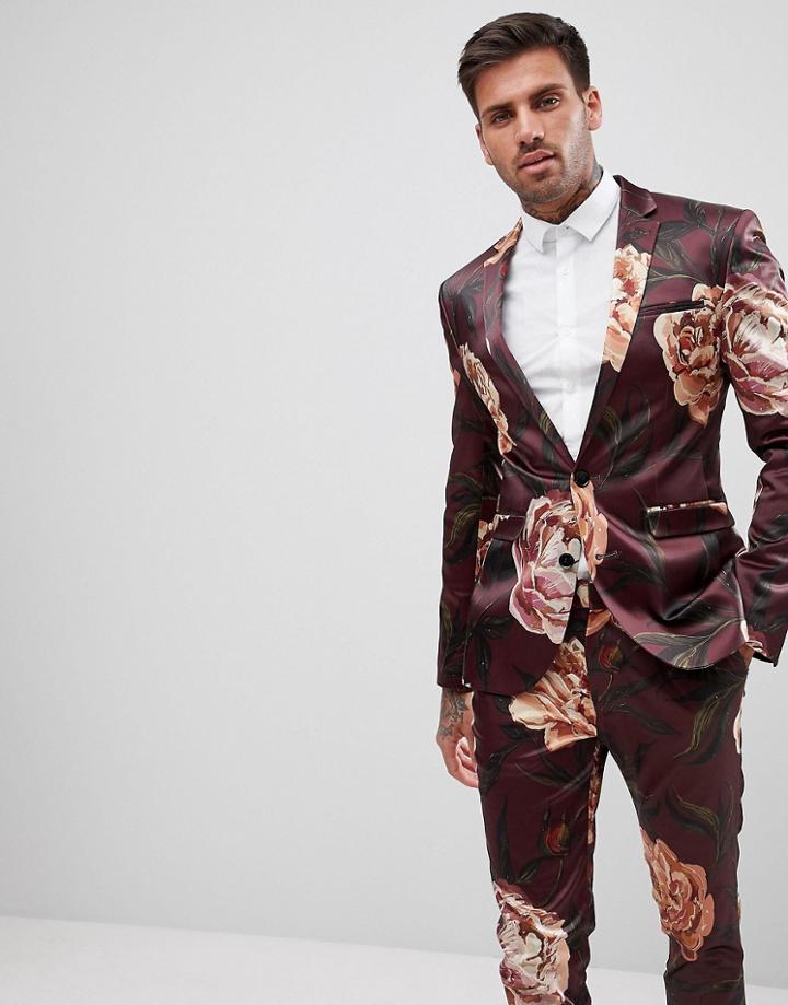 Asos Super Skinny Suit Jacket In Burgundy Floral Print Sateen - Red