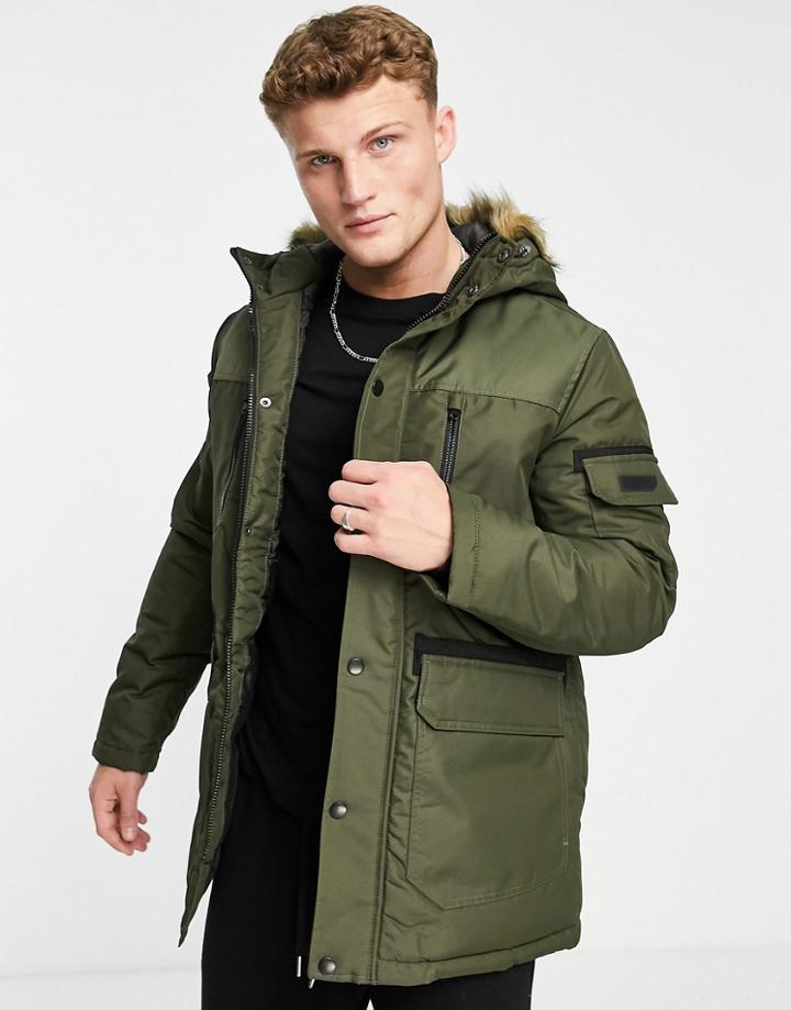 Jack & Jones Essentials Parka With Faux Fur Hood In Khaki-green