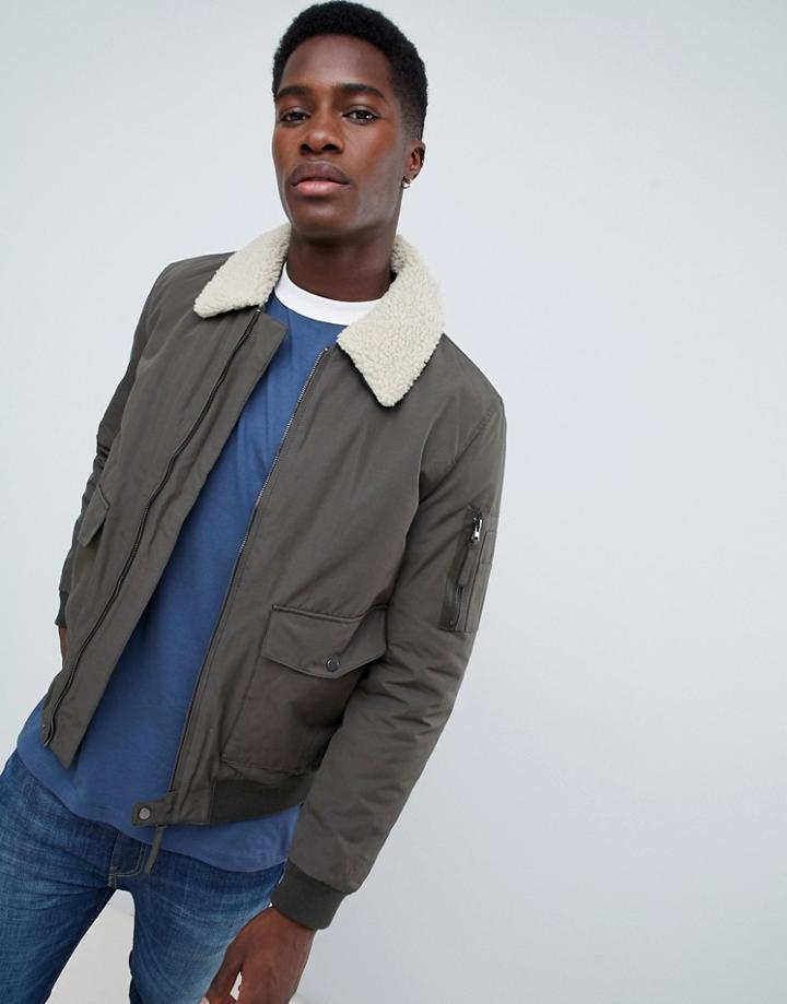 New Look Sherling Jacket In Khaki - Green
