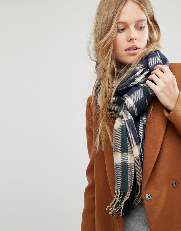 Pieces Brushed Check Scarf In Navy Mix - Navy