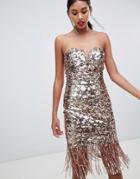 Tfnc Sequin Bandeau Midi Dress With Fringe Hem In Gold